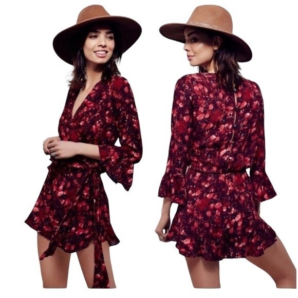Free People All the Right Ruffles Romper in Berry Floral Wrap 3/4 Sleeve - Picture 1 of 16